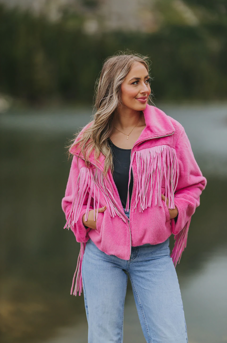 Skylar Fringe Faux Fur Jacket | Hot Pink - M,L