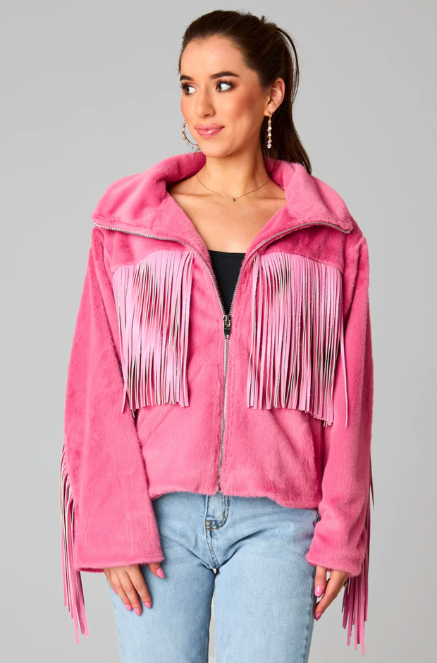 Skylar Fringe Faux Fur Jacket | Hot Pink