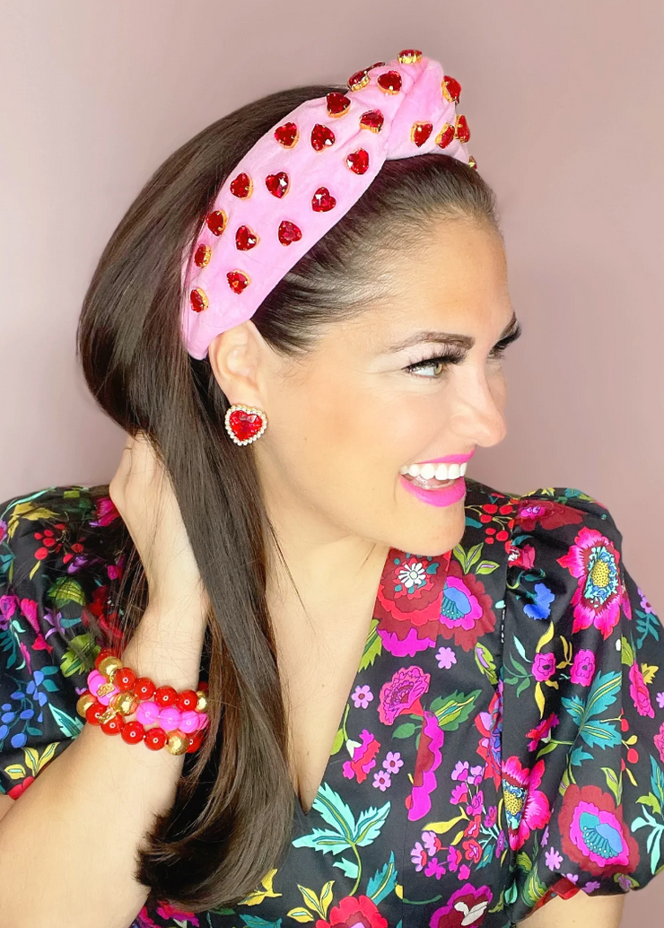 Hot Pink Velvet Headband with Red Crystal Hearts