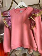 Pink Iridescent Leather Ruffle Sweatshirt