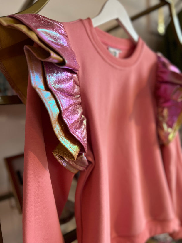 Pink Iridescent Leather Ruffle Sweatshirt